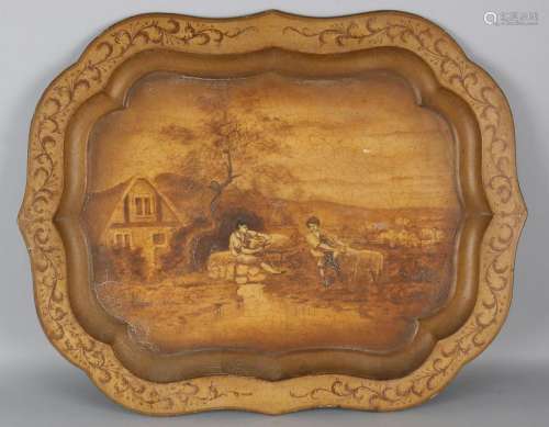 Antique Dutch tin painted tray with floral and