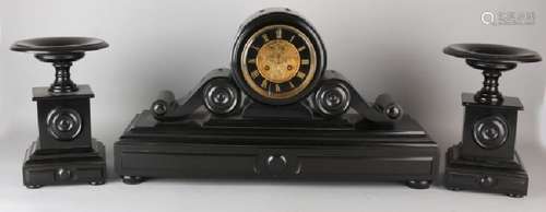 Large antique black marble clock set with brocot