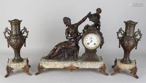 Antique French clock set with marble base. Circa 1870.