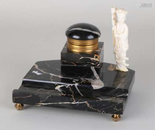 Antique black marble ink pot with a Chinese ivory
