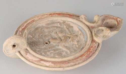 Large old / antique terracotta oil lamp with figures