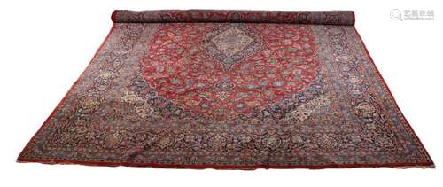 Very large old Persian rug. Floral, red etc. Size: 380