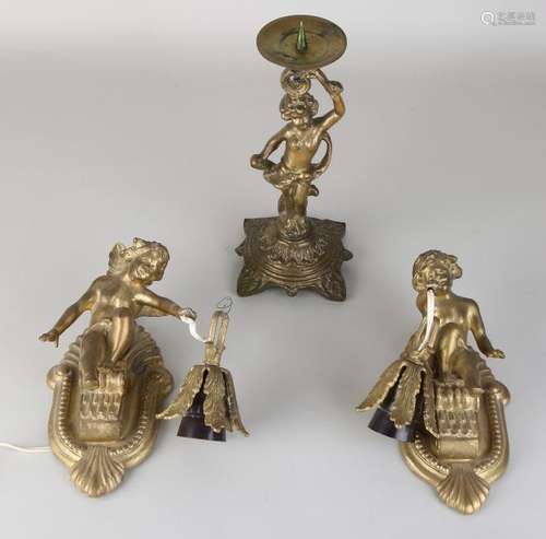 Two antique gilded brass wall lamps with angels. Circa