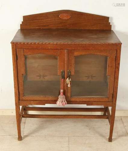 Antique oak Dutch tea set with facet cut glass and