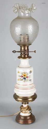 Large hand-painted old electrified oil lamp with brass.