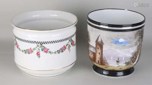 Two antique flower pots. Circa 1900. One porcelain with