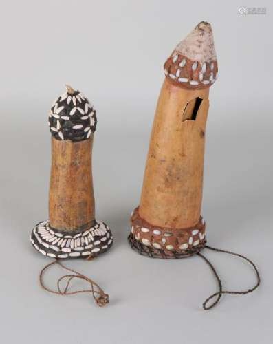 Two old African wooden penis cookers with beads. One