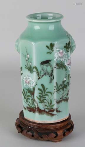 Antique Japanese octagonal porcelain celadon glaze vase