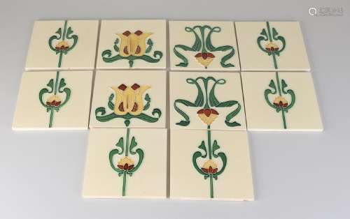 Ten Jugendstil floral high gloss tiles, diverse. 20th