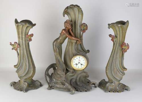 Large antique Art Nouveau clock set with female