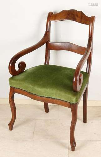 Mahogany Biedermeier armchair with green upholstery.