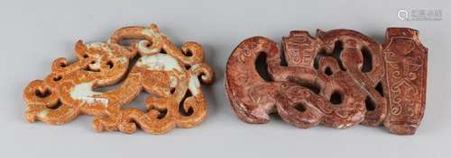 Two large old Chinese natural amulets with dragons and