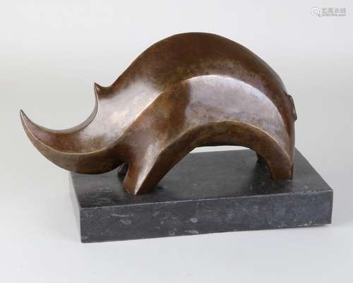 Bronze Art Deco style rhinoceros. On black marble