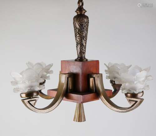 Walnut Art Deco hanging lamp with brass. Circa 1920.