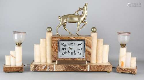 Large French onyx with marble Art Deco clock set with