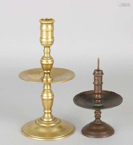 Two old / antique bronze candlesticks. Old example.