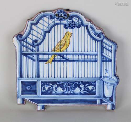 Antique polychrome Delft Fayence plaque. Bird cage