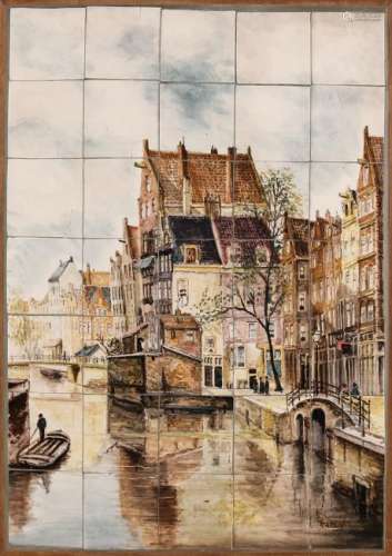 Old Dutch handpainted tile picture in table. Cityscape