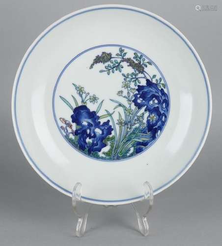 Old Chinese porcelain plate with garden decor and six