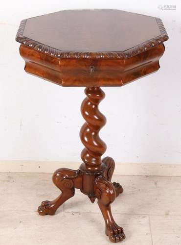 Antique English mahogany six-sided sewing table on