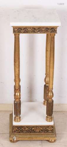 Gilded wooden side table with two white marble tops.