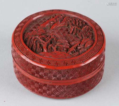 Small antique Chinese red lacquer covered box with