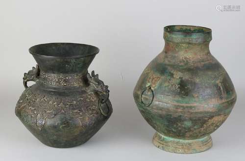 Two antique Chinese bronze fine decorated vases. In the