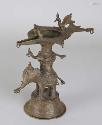 Antique plated bronze Oriental oil lamp with elephant