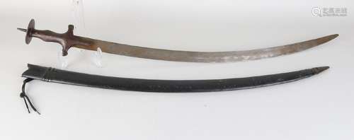 Old / antique Oriental Tulwar saber in leather sheath.