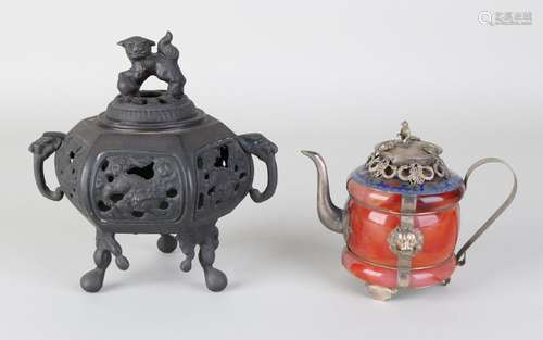 Old Chinese bronze incense burner + glass teapot with