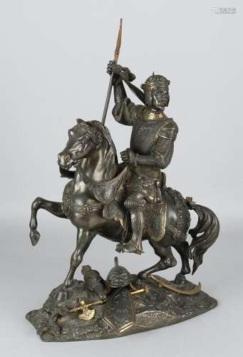 19th Century bronze statue. Knight on horseback with