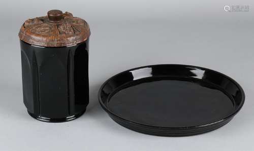 Antique black glass tobacco set with papier maché