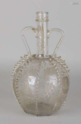 19th Century glass bottle with engravings. Mill decor.