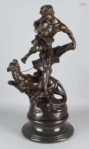 Great old bronze figure. Man fights with tiger. 20th