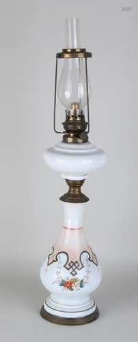 Large antique painted opaline glass oil lamp with