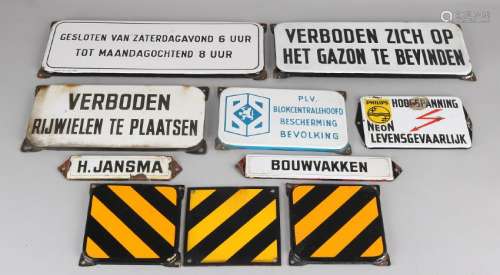Ten old various enamel signs. 20th century. Size: