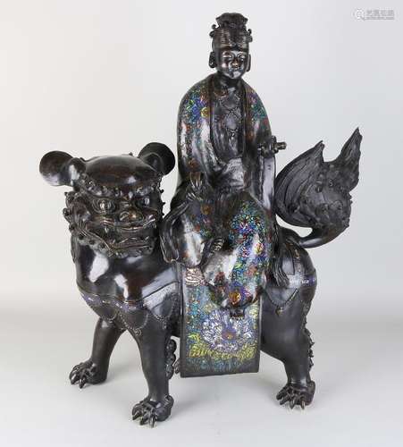 Very large old Chinese bronze cloisonne Foo-dog with