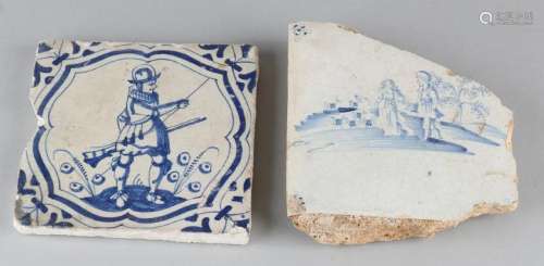 Two antique tiles. Once 17th century, with a knight.