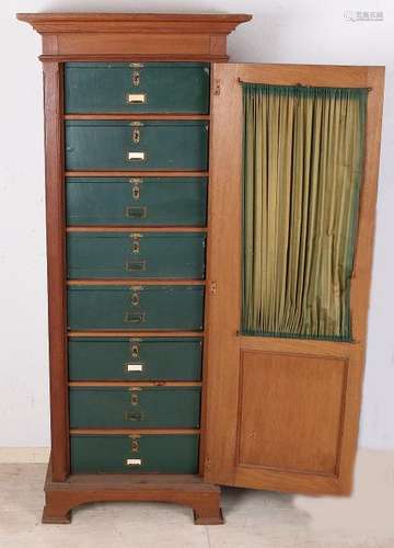 Antique oak wood filing cabinet with cardboard drawers