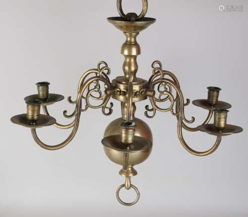 Dutch 19th century bronze six-light candle chandelier.