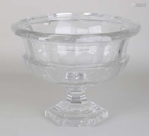 Large antique crystal table bowl on hexagonal foot.