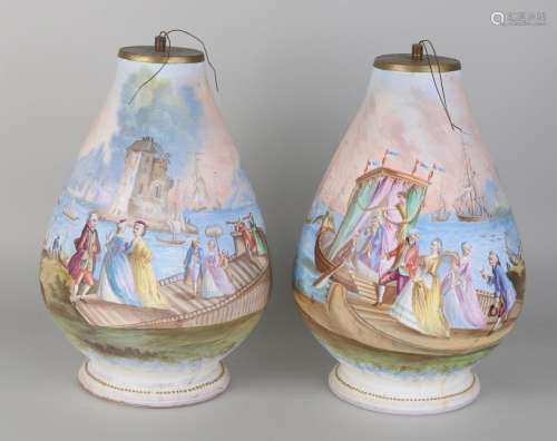 Two antique hand-painted terracotta table lamps with