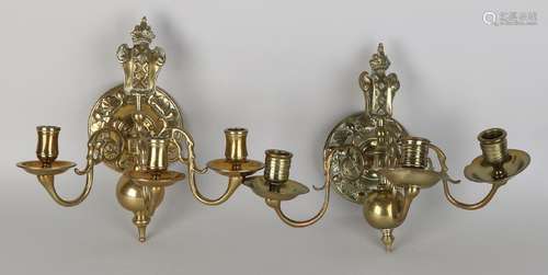 Two antique three-light brass candlesticks in Baroque