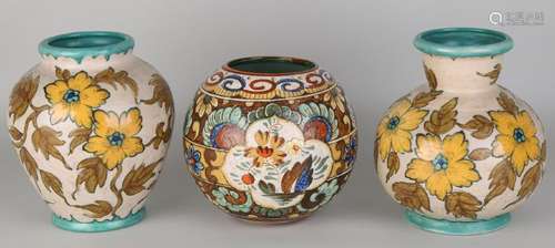 Three old Dutch hand-painted plateaux vases with floral