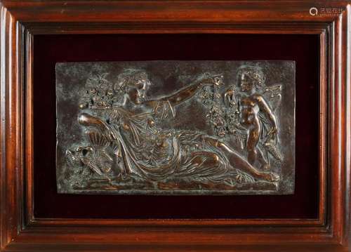 Large bronze plaque in walnut frame. Greek lady with