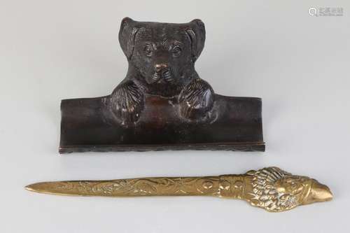 Old bronze pen with dog + brass letter opener with