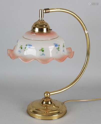 Old brass table lamp with flowered glass shade. Second