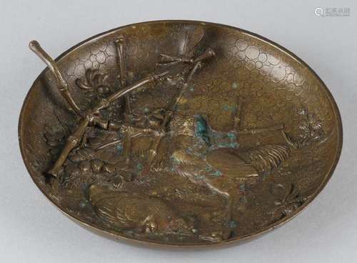 Antique Japanese bronze bowl with bamboo, dragonfly and