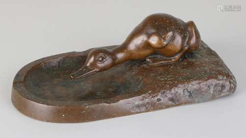 Large signed German Art Deco bronze ashtray with duck.