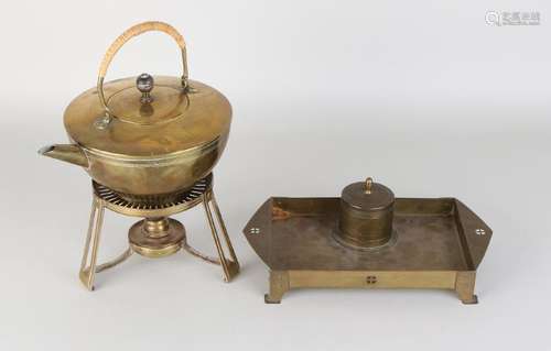 Antique Dutch brass tea kettle, tea light, ink set. To